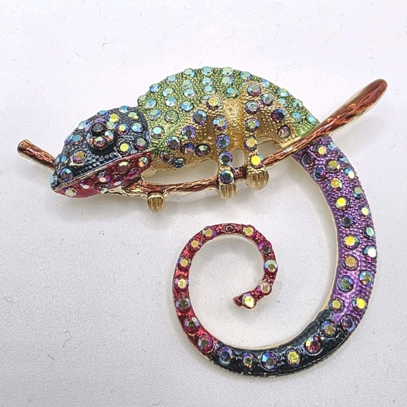 The Unbranded Brand Jewelry - Rainbow‎ Chameleon Brooch Rhinestone Pin Sparkly Tropical Lizard Pin Pet Pin